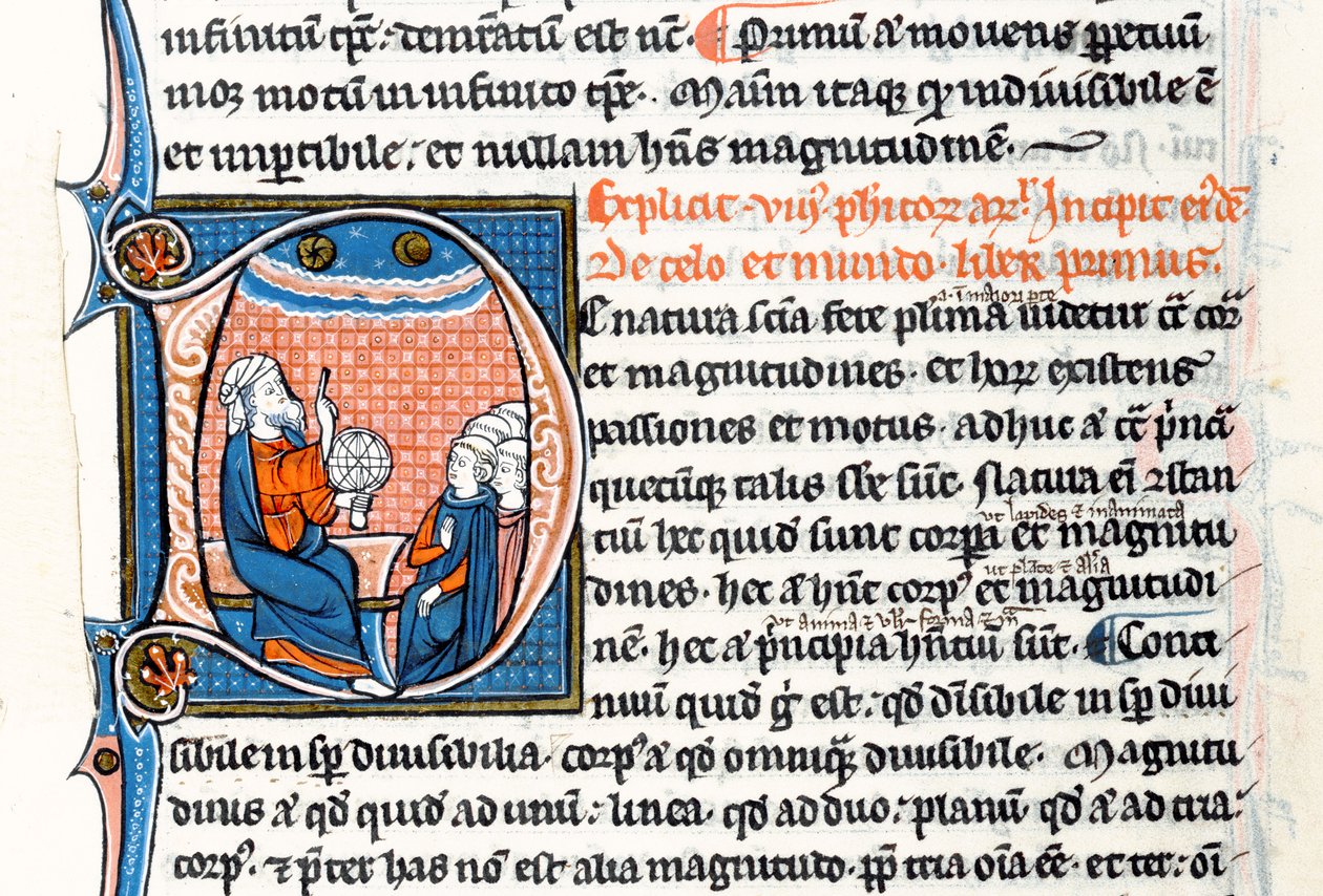 Ms 3458 fol 62vo Inicial historiada D que representa a Aristóteles sosteniendo una esfera armilar y señalando al cielo mientras enseña a un grupo de clérigos de Europa Occidental de French School