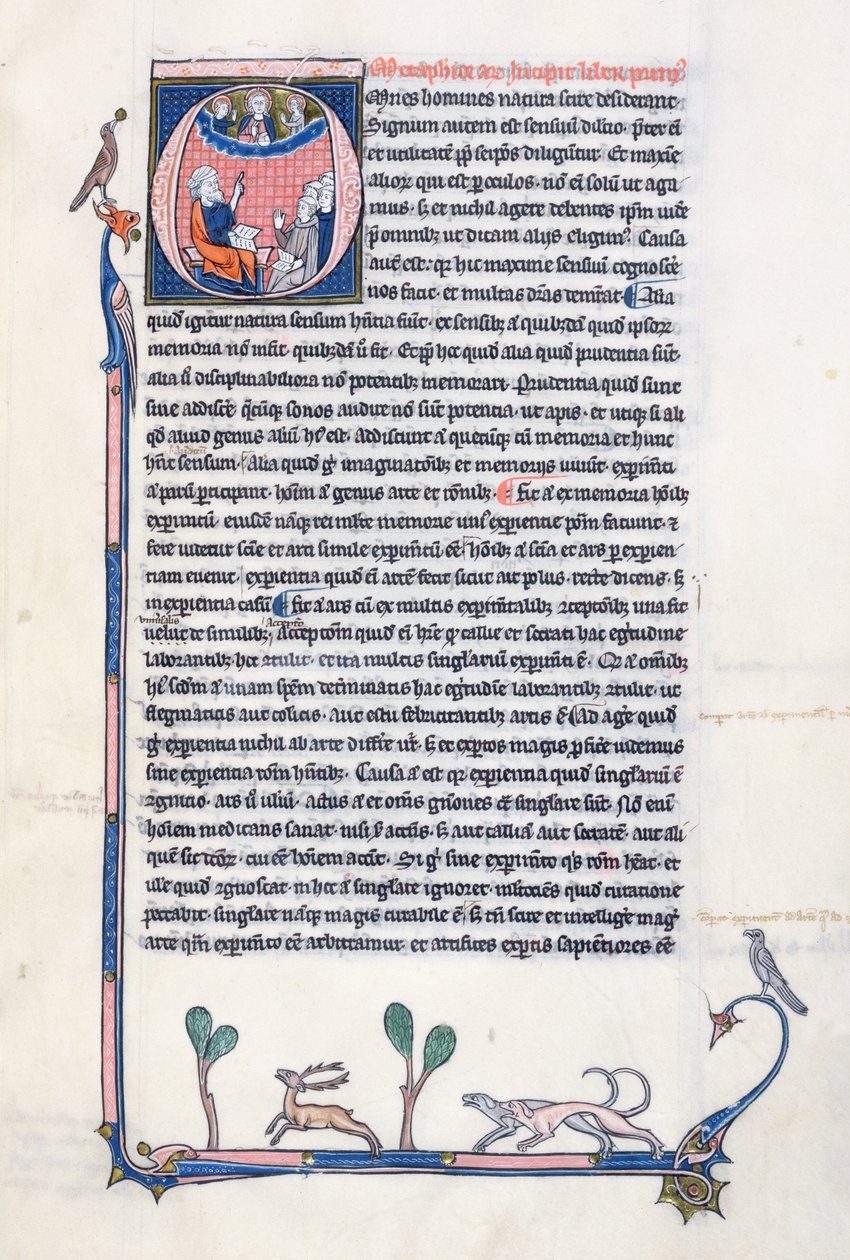 Ms 3458, inicial historiada O que representa al antiguo filósofo griego Aristóteles, enseñando a un grupo de clérigos de Europa Occidental y señalando hacia Dios en los cielos de French School