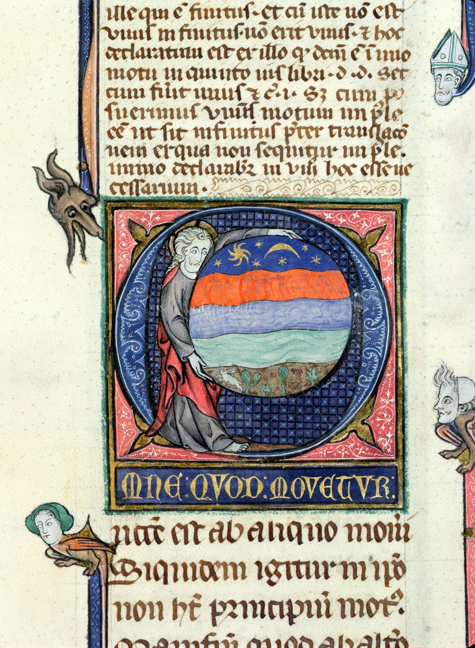 Cristo sosteniendo un globo con los Cuatro Elementos, de la Física de Aristóteles (384-322 a.C.) de French School