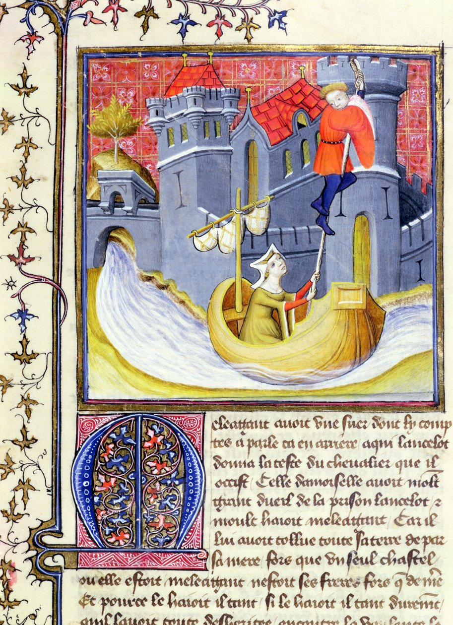 Ms 3480 Caballero escapando de un castillo con la ayuda de una dama, del Libro de Messire Lancelot du Lac de French School