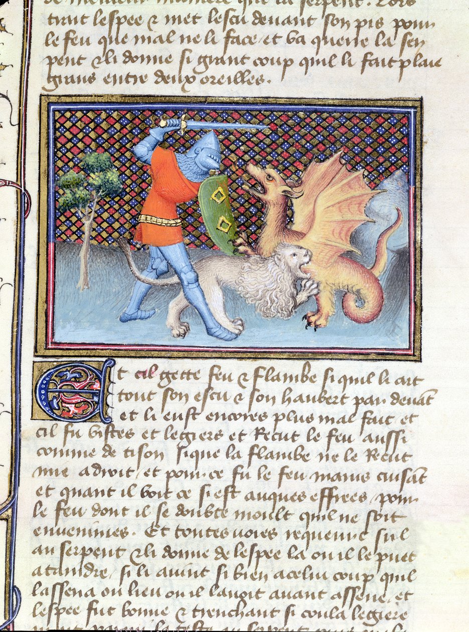 Ms 3480 Yvain, el Caballero del León, luchando contra un dragón, miniatura de Roman de Lancelot de French School