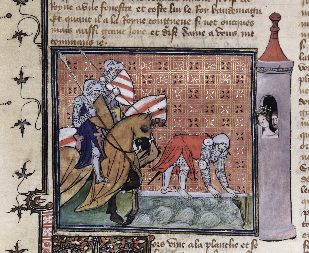 Ms 3480 fol.77 Lancelot cruzando el Puente de la Espada, del Libro de Messire Lancelot du Lac de French School
