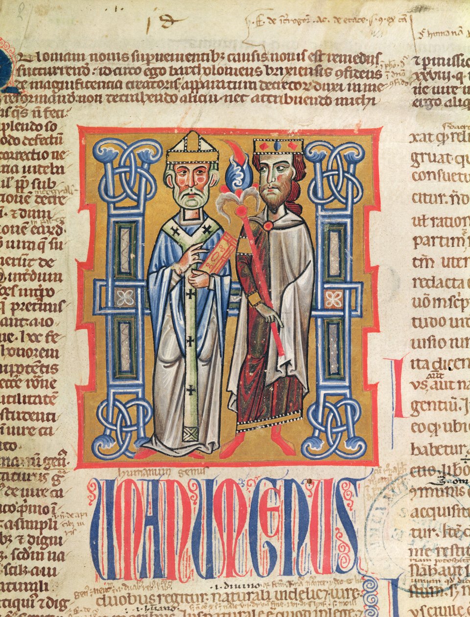 Ms 354 fol.9 Miniatura de un obispo y un rey del Decretum Gratiani, siglo XIV de French School