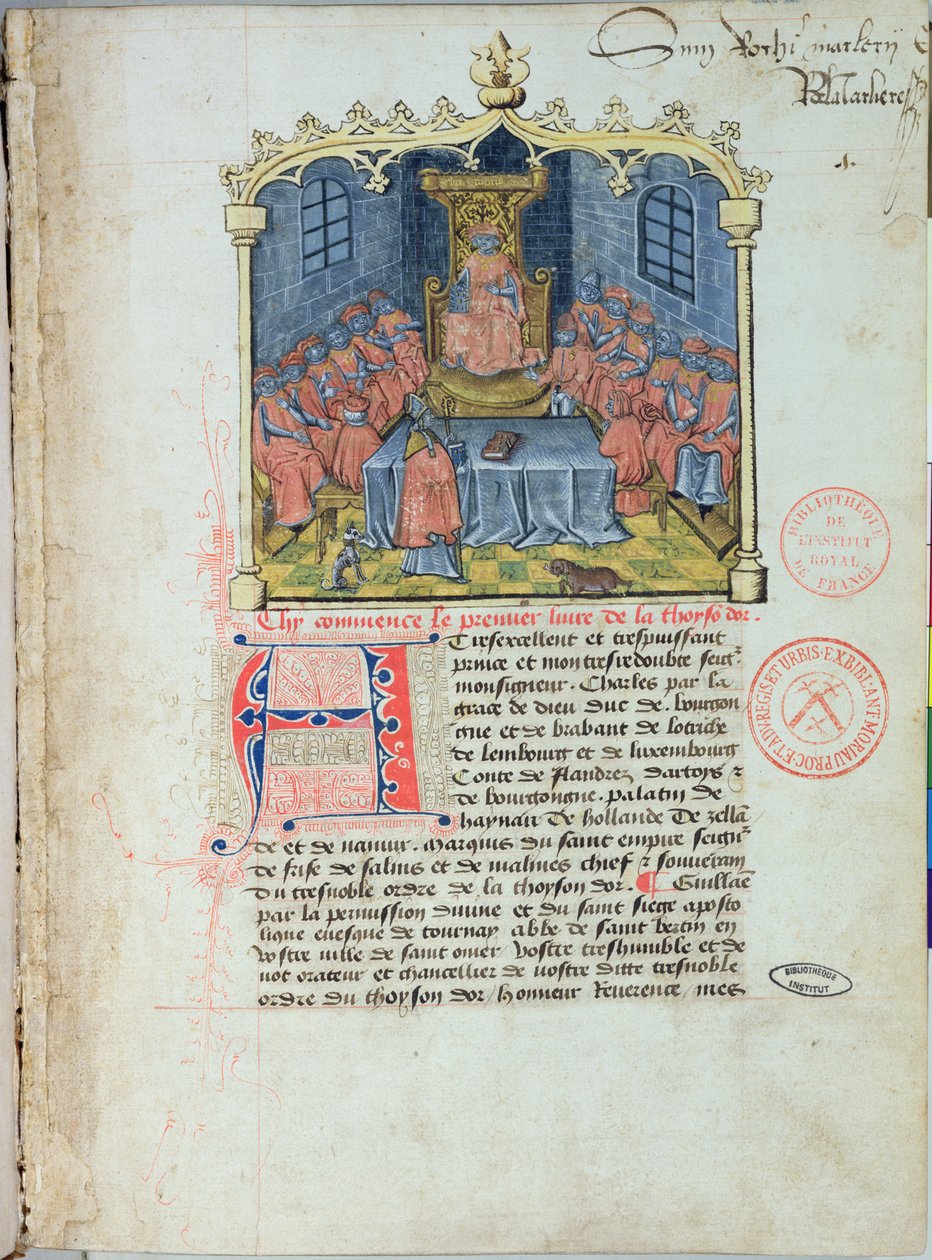 Ms 363 Carlos el Temerario (1433-77) Duque de Borgoña y los Caballeros de la Orden del Toisón de Oro, de La Historia del Toisón de Oro por Guillaume Filastre, mediados del siglo XV de French School