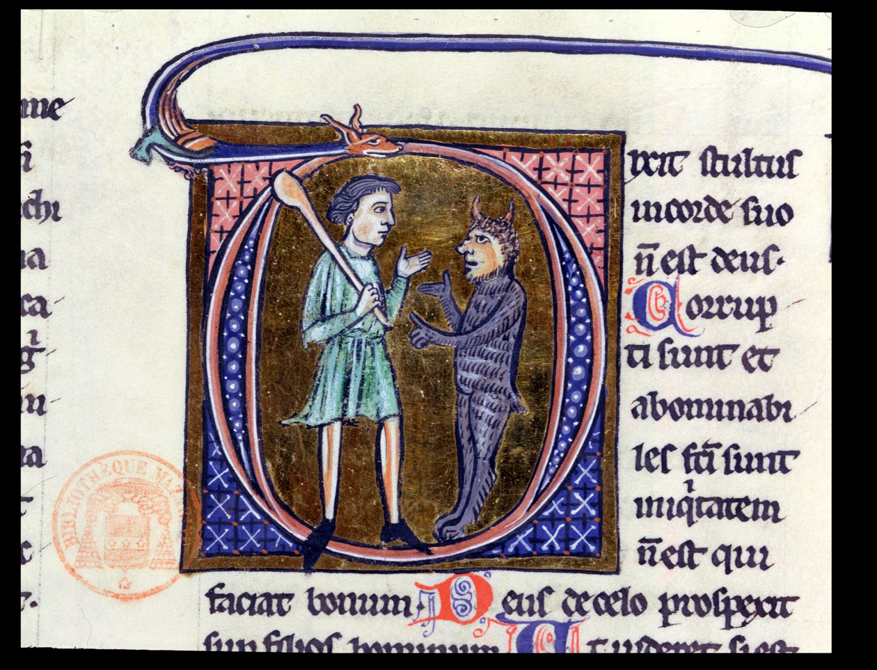Ms 36 Inicial historiada D que representa a un hombre con el diablo, de una biblia latina de French School