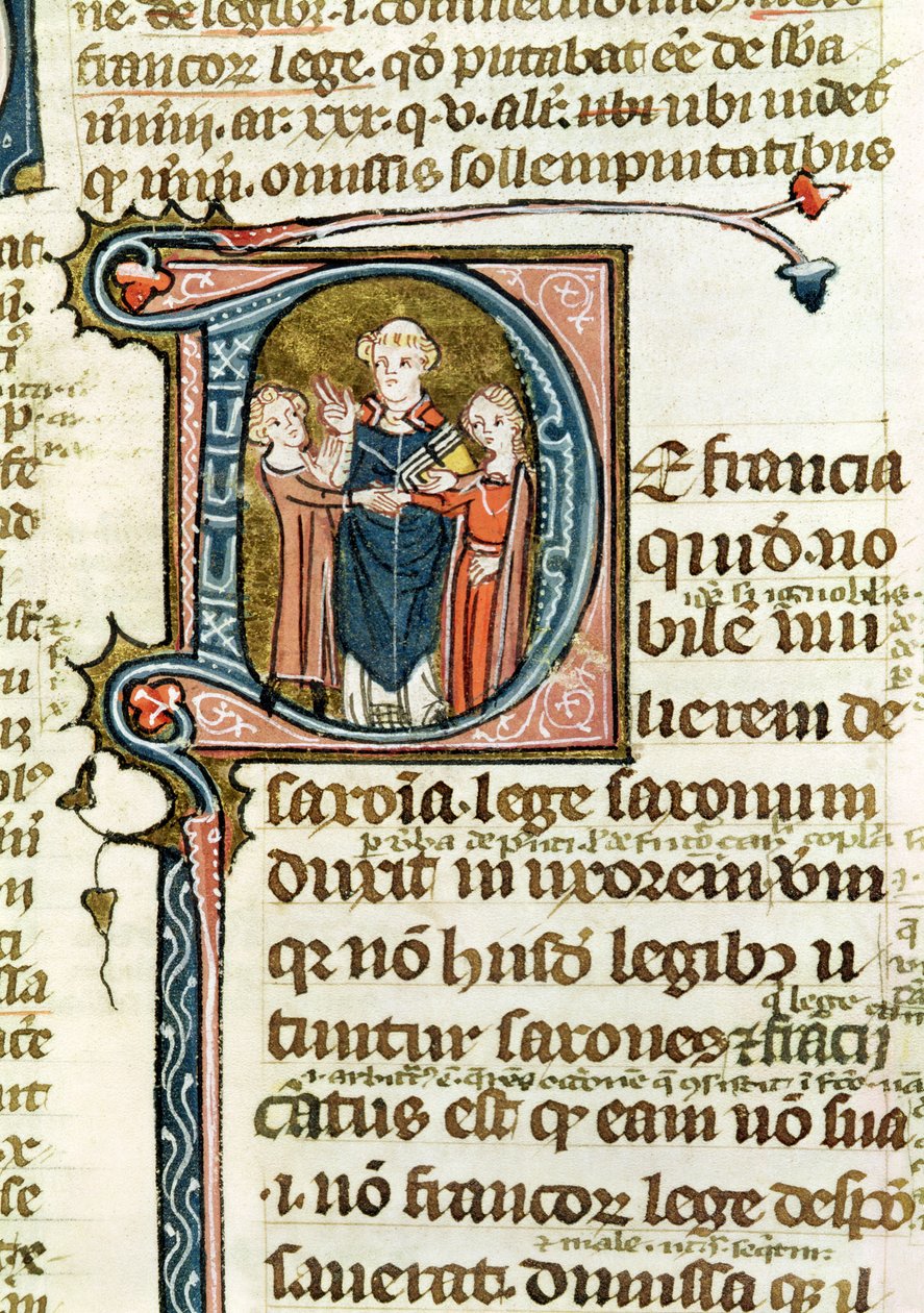 Inicial historiada D que representa a un sacerdote bendiciendo un matrimonio, de Les Gregoriennes de French School