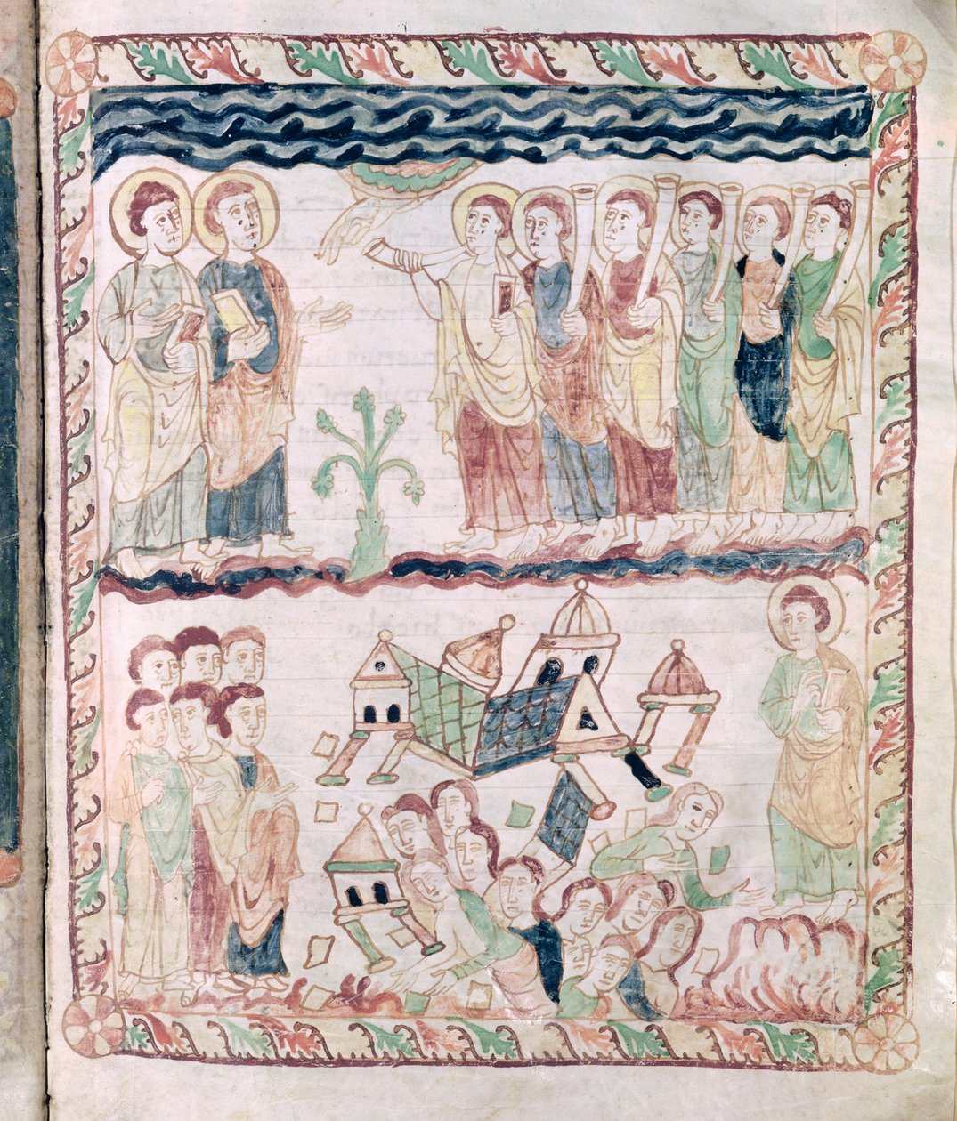 Ms 386 fol.25r Ángeles con trompetas y la tierra temblando, del Apocalipsis de San Juan de French School