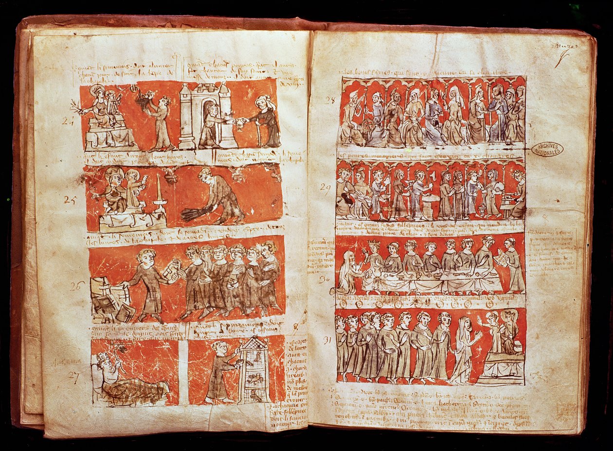 Ms 408 Escenas de la vida de los estudiantes en el Colegio de la Virgen Bendita en París, de los Estatutos del Colegio de Hubant, 1387 de French School
