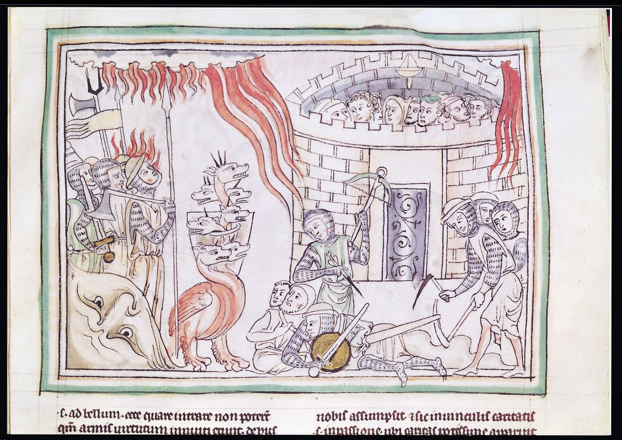 Ms 422 Fol.95r El fuego celestial destruyendo el ejército de Satanás, escena del Apocalipsis de French School