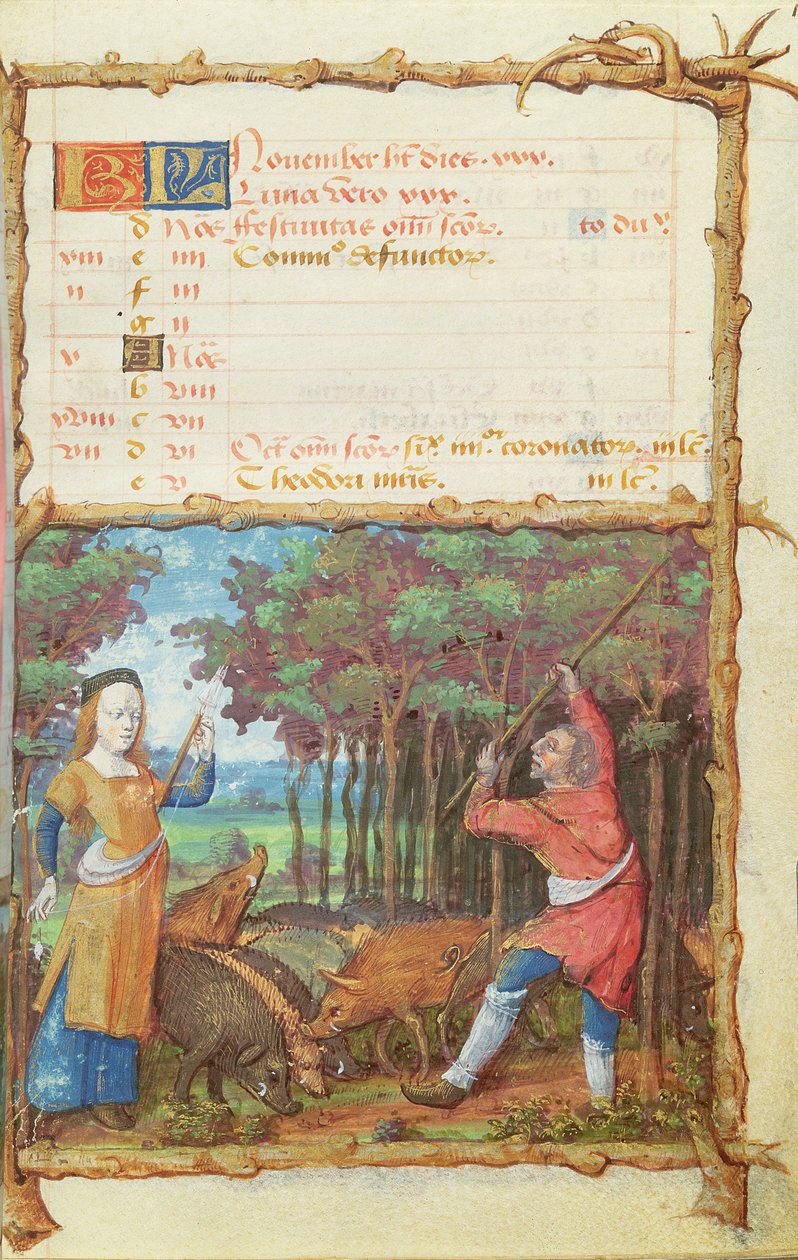 Ms 438 El mes de noviembre: recogiendo bellotas, de un Libro de Horas, 1490 de French School