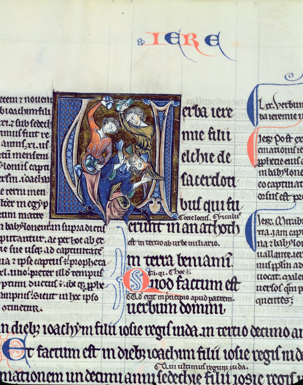 Ms 48 fol.95v Inicial historiada V que representa la lapidación del profeta Jeremías de French School