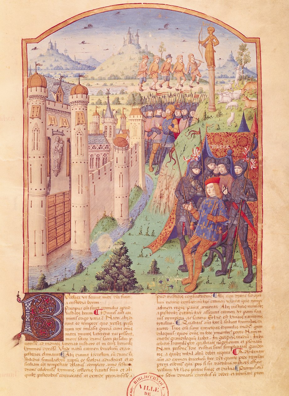 Ms 493 fol.1r Las Obras de Virgilio con Comentario de Servio, Las Bucólicas, Rey sentado en su trono rodeado por sus guardias frente a una ciudad fortificada, Francia de French School