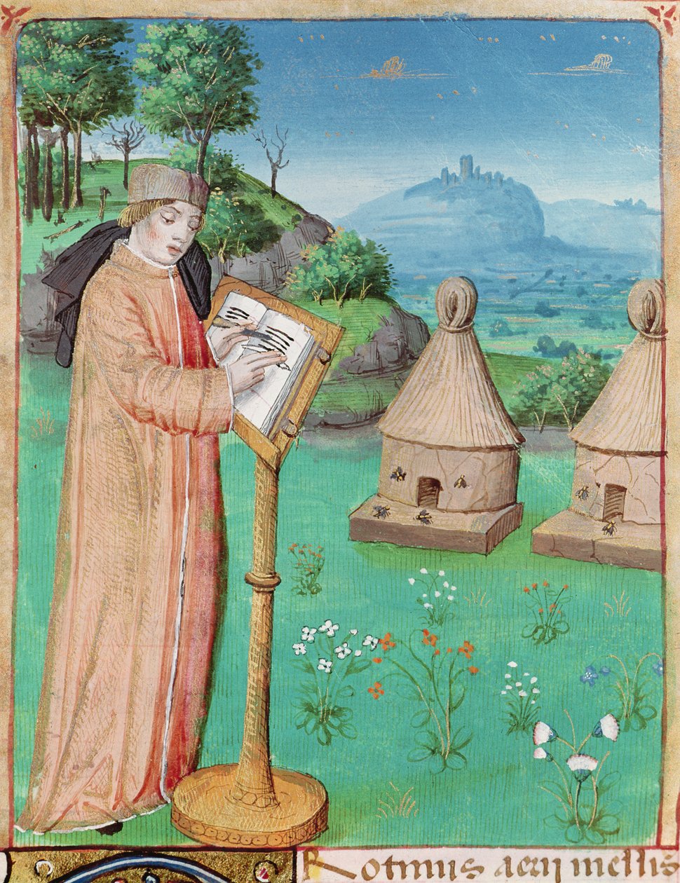 Ms 493 fol.45 Virgilio (70-19 a.C.) escribiendo La vida de las abejas, de Las Geórgicas de Virgilio con un comentario de Servius, 1469 de French School
