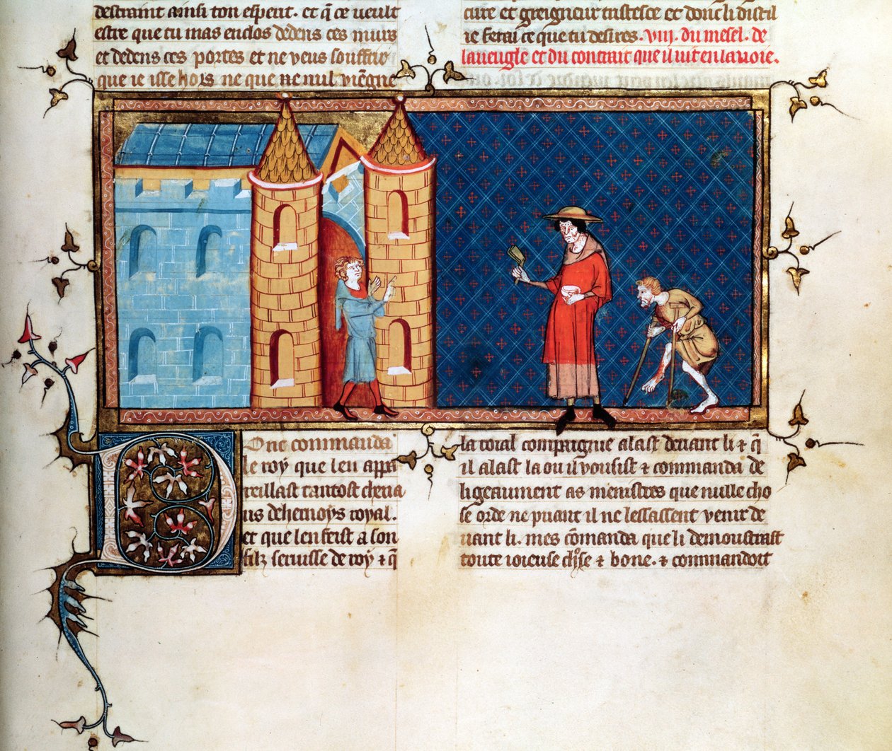 Ms 5080 fol.373r Dos leprosos mendigando, de Le Miroir Historial, por Vincent de Beauvais de French School