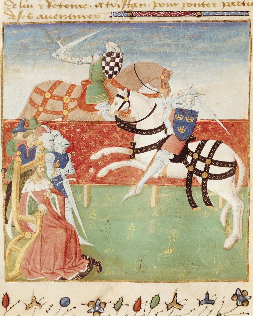 Confrontación de dos caballeros ante el rey, del Roman du Saint Graal de French School