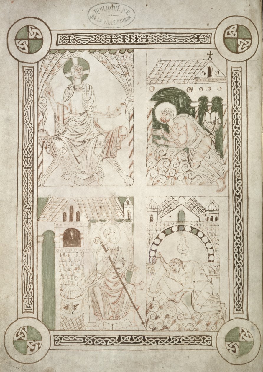 Ms 616 f.1v San Agustín a los pies de Cristo y el escriba Alardus ofreciendo su libro a San Vaast, frontispicio de Confesiones de San Agustín de French School