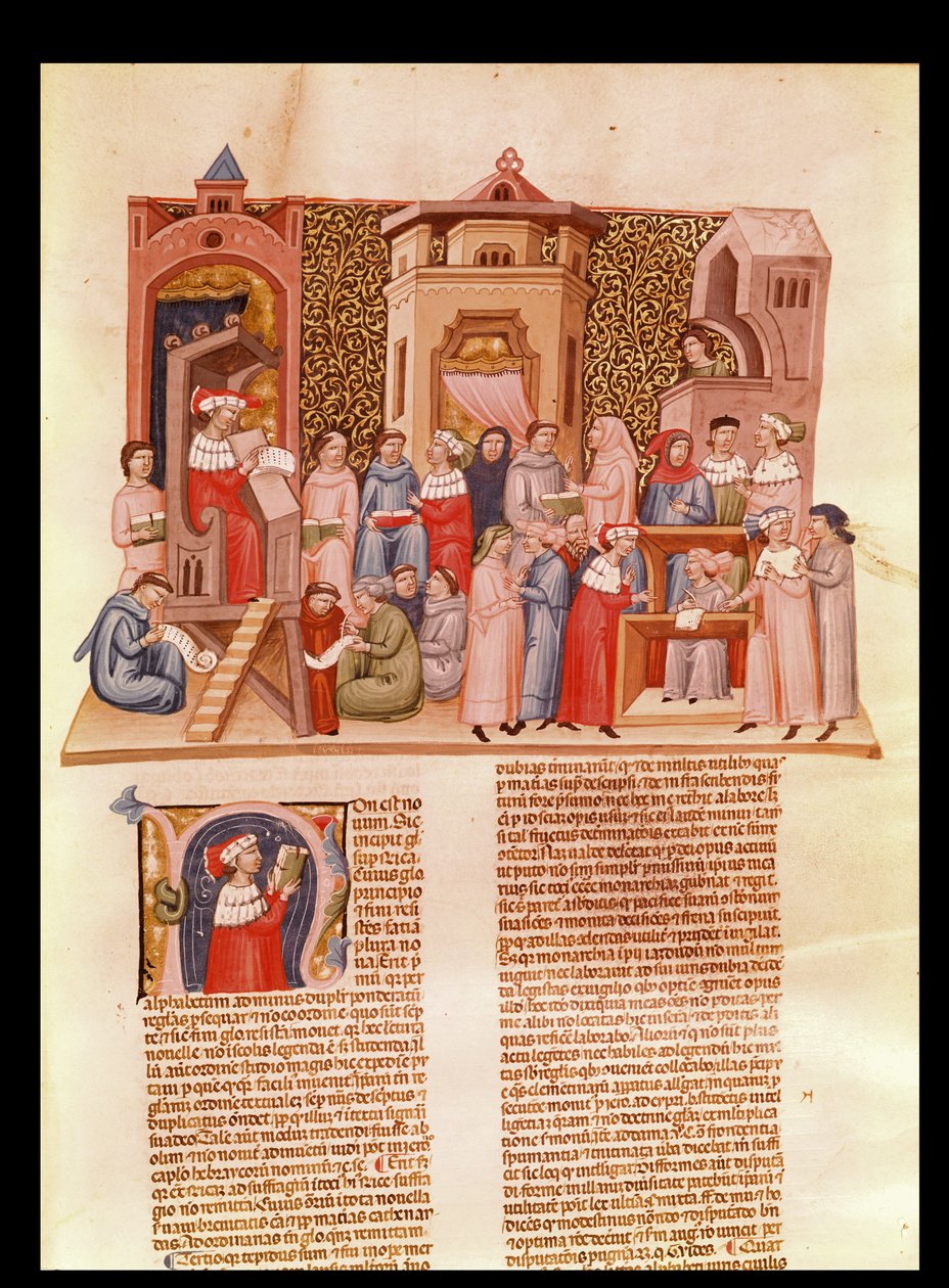 Lección en la universidad y una inicial historiada N que representa a un maestro, de Novela Super Sexto por Jean Andre de French School