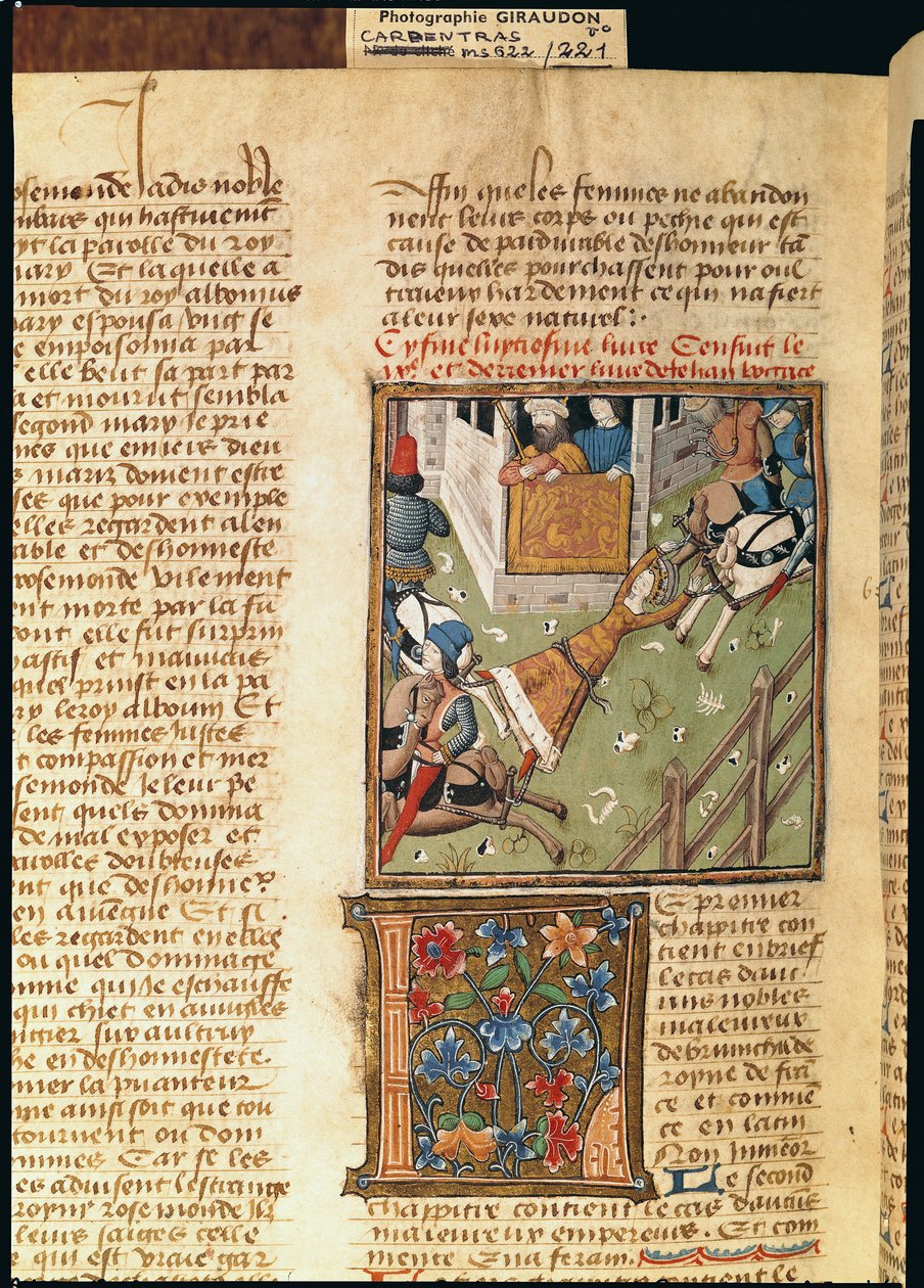 Ms 622 fol.221v La tortura de Brunilda de Des Hommes Illustres, c.1460 de French School
