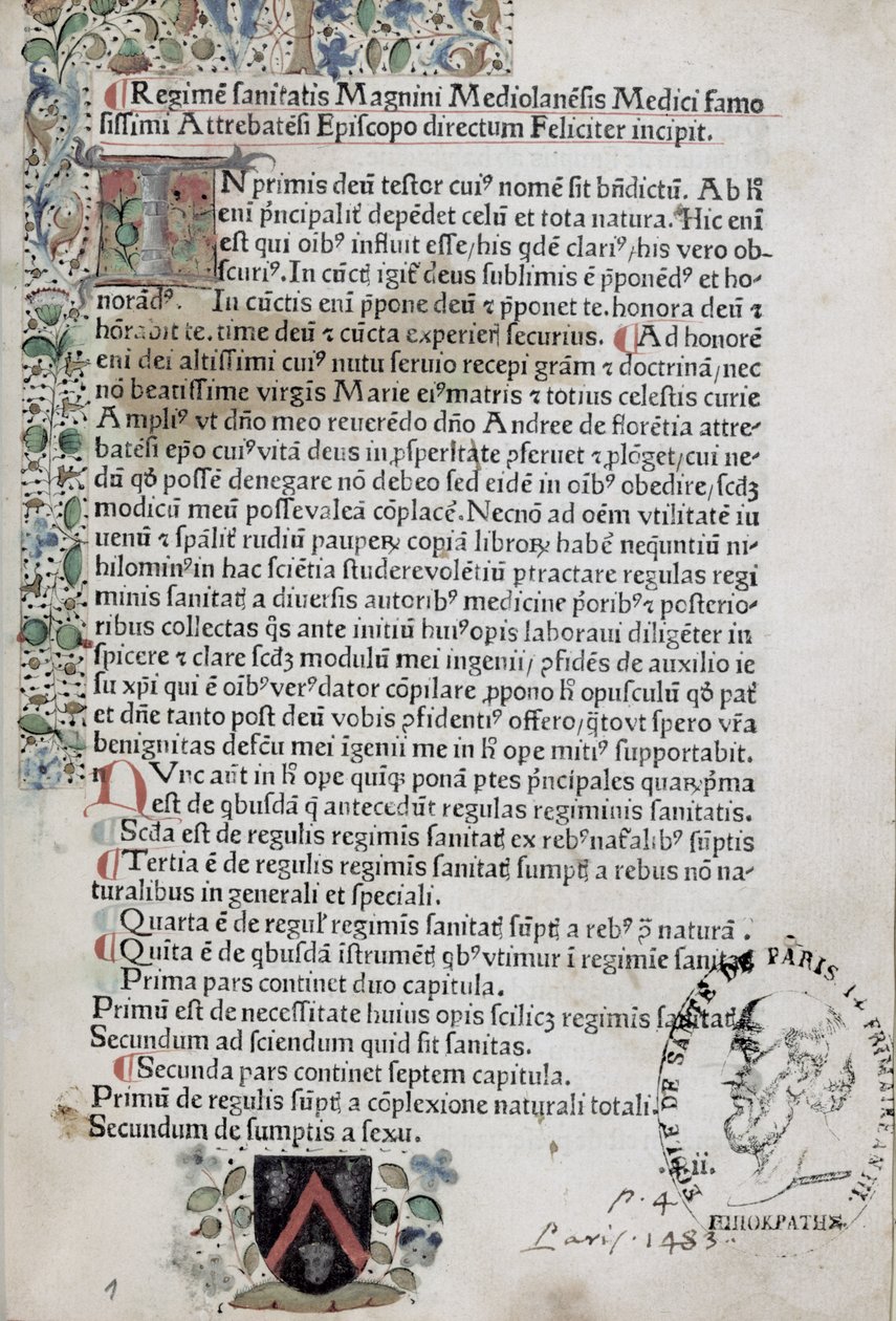 Ms 6310 Primera página de Regimen Sanitatis, 1483 de French School