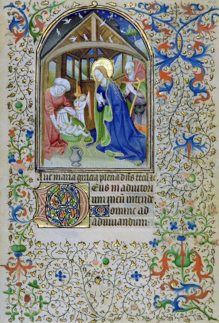La Virgen y José adoran al recién nacido Cristo, de un Libro de Horas, Amiens de French School