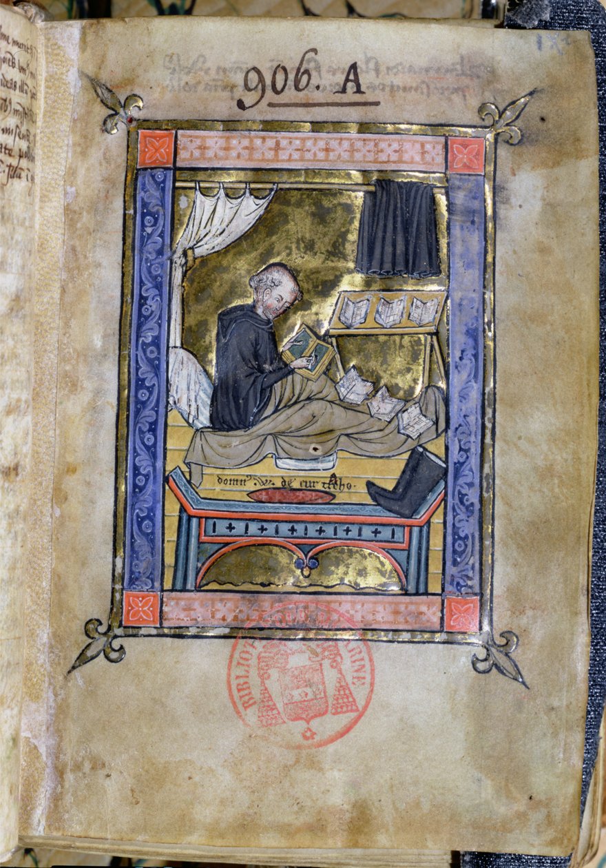 Monje escribiendo en su cama, de Flores Bernardi por Guillaume de Tournai de French School