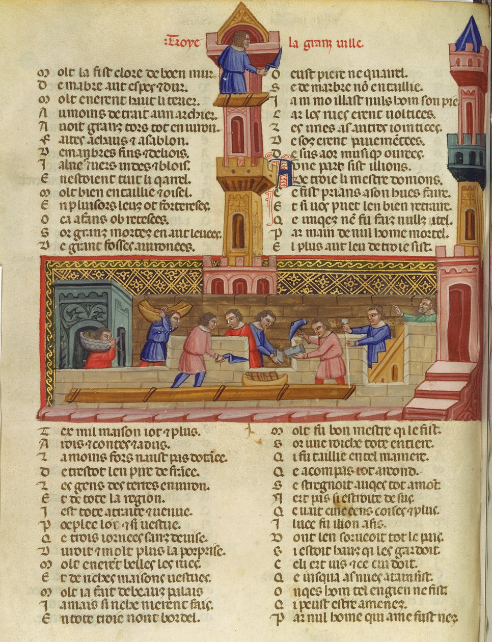 La construcción de Troya, ilustración de Le Roman de Troie por Benoit de St. Marc de French School