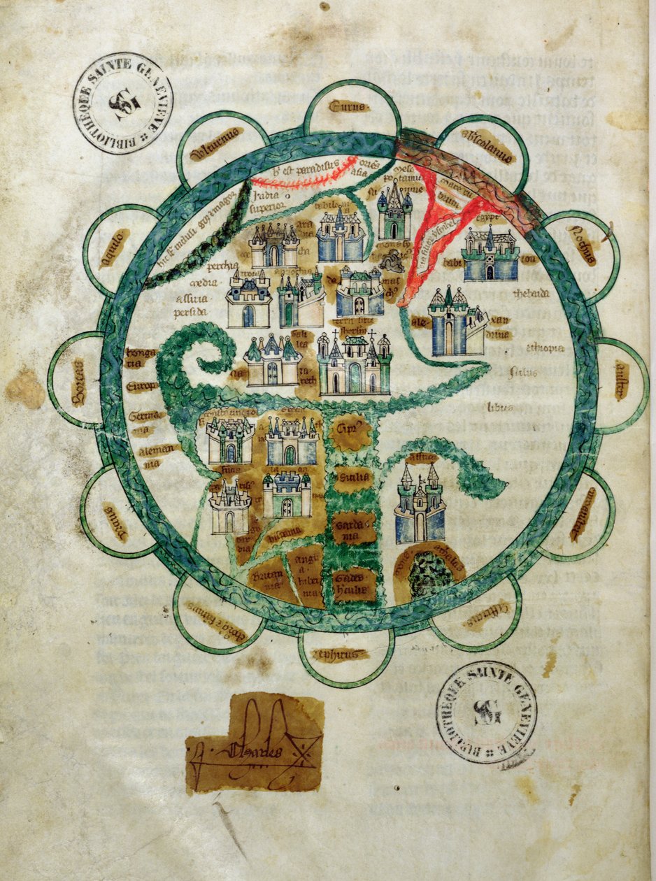 Mapa del mundo en forma de globo, miniatura de Grandes Chroniques de Philippe le Hardi de French School