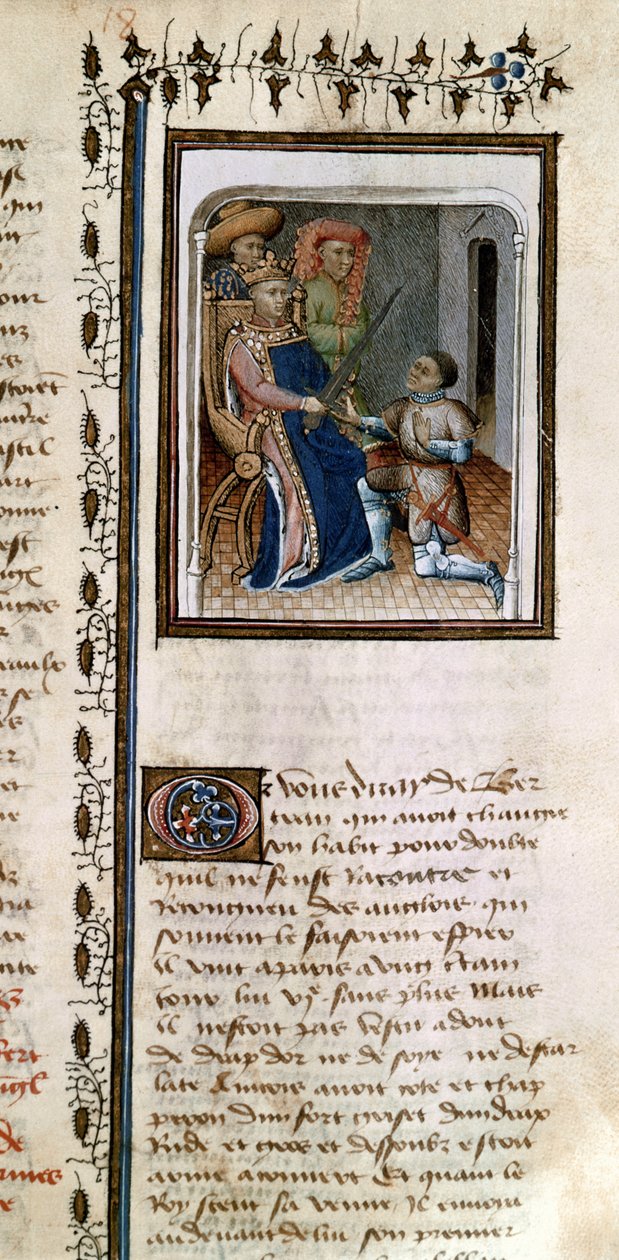 Bertrand du Guesclin (1320-80) armado caballero por el rey, de la Historia de Du Guesclin de French School