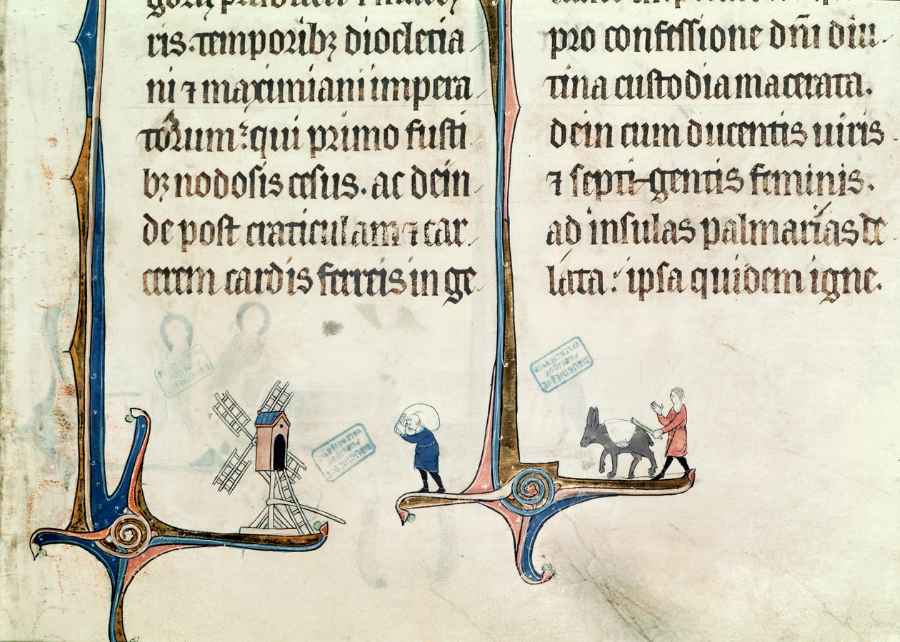 Un hombre conduciendo su burro cargado de sacos de trigo a un molino de viento, del Obituaire de Notre Dame de Pres, después de 1270 de French School