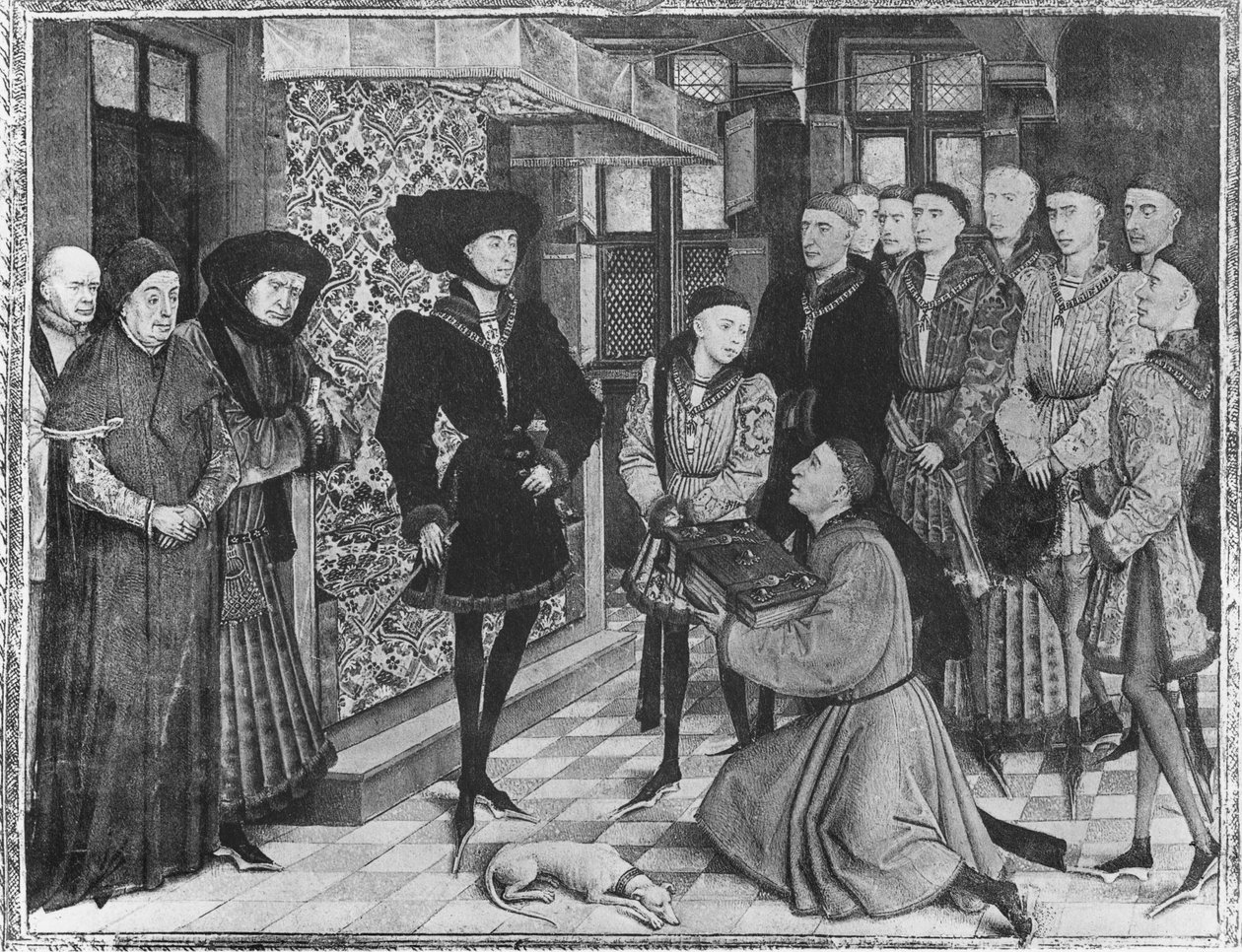 Ms 9242 Crónicas de Hainaut, Felipe el Bueno, Duque de Borgoña, presentado con la traducción de las Crónicas por Jean Vauquelin, Carlos el Temerario como niño a su izquierda de French School