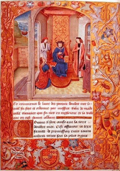 Ms 95 Fol.1 El Autor ofreciendo su libro al Duque de Borgoña, de los Armoriales de Adolphe de Cleves, principios del siglo XV de French School