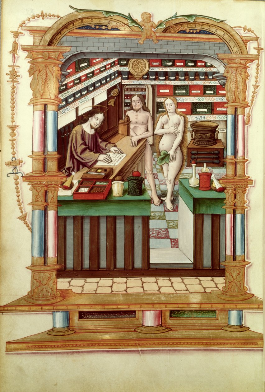 Ms Fr 1537 Cristo el Farmacéutico con Adán y Eva, de Chants royaux sur la Conception couronnee du Puy de Rouen de French School
