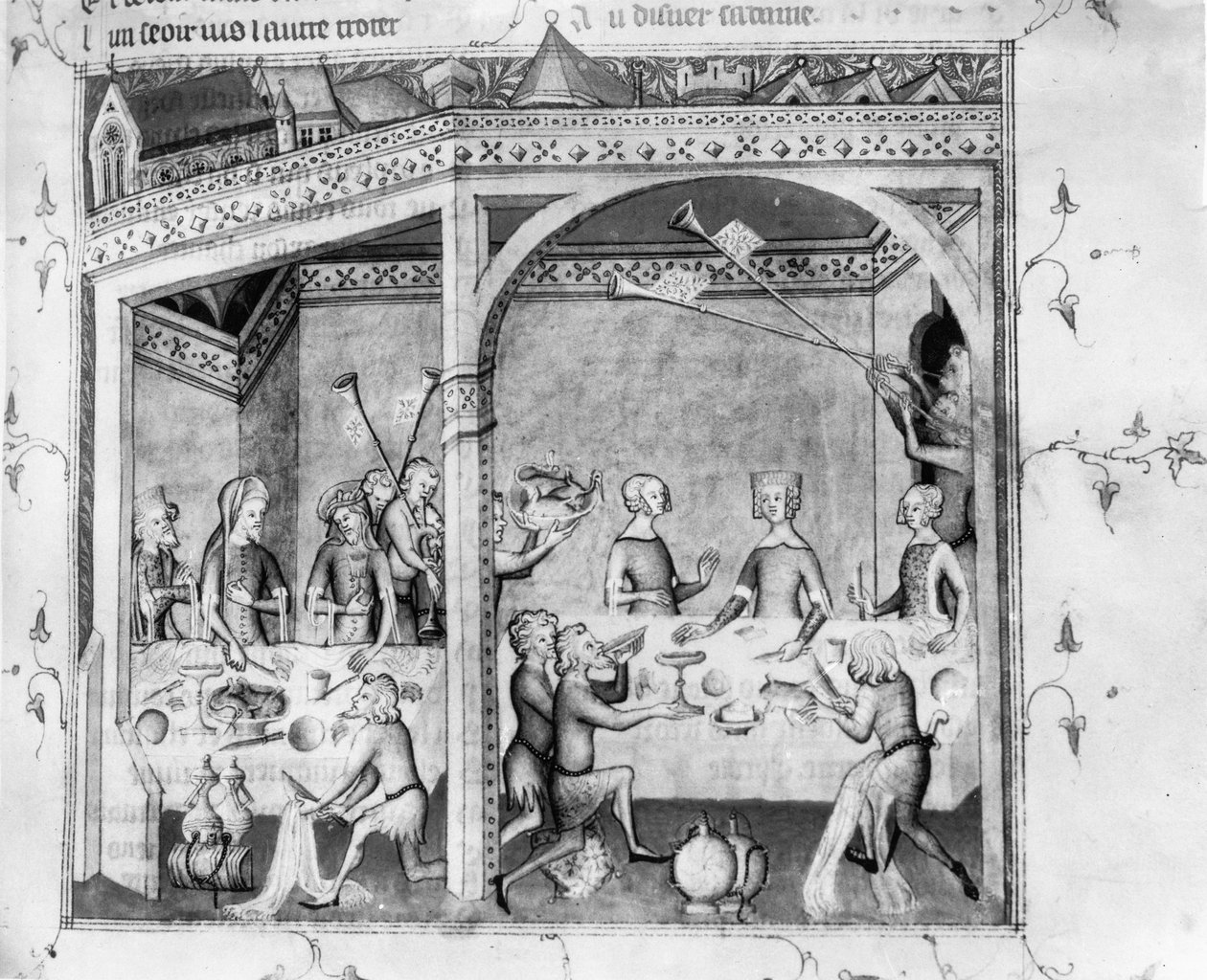 Ms Fr 1584 Músicos entreteniendo en un banquete, c.1370 de French School