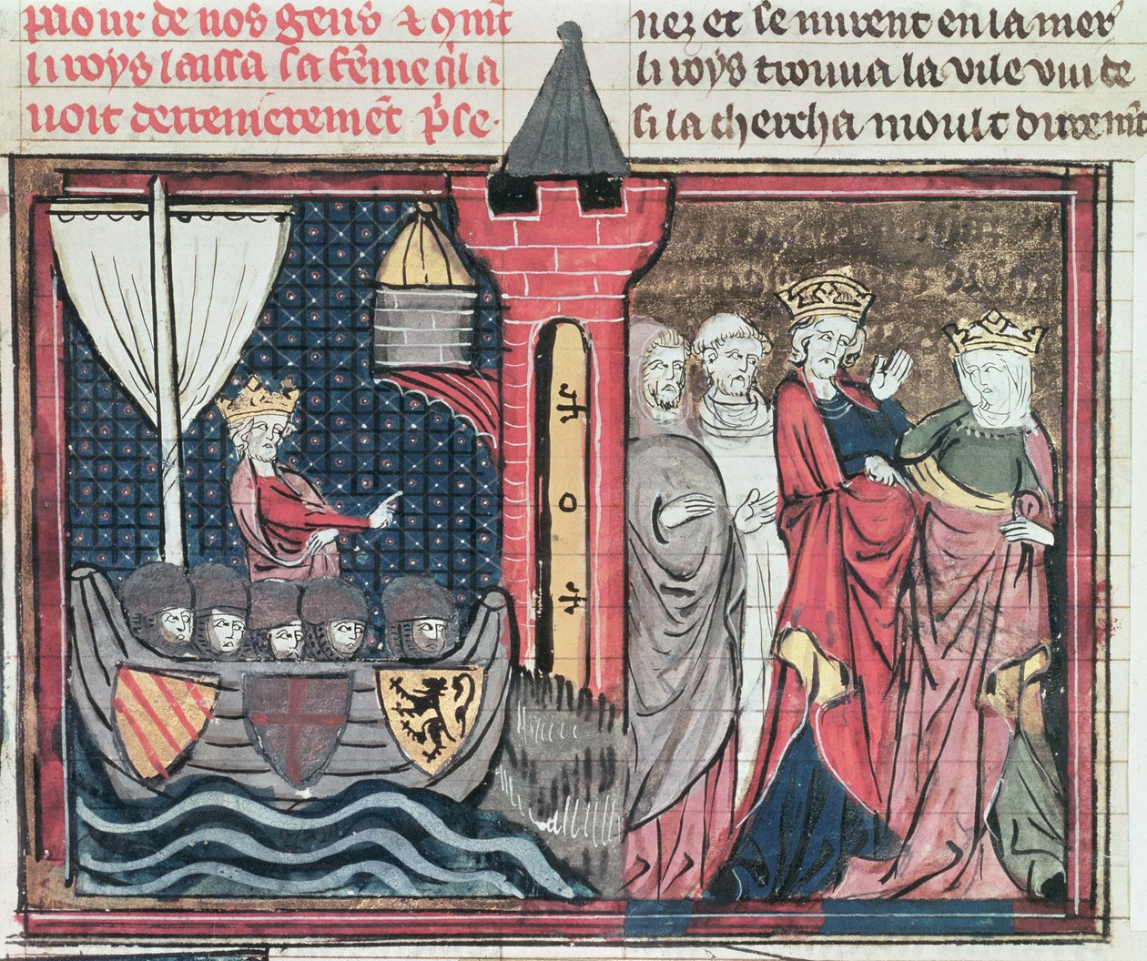 Balduino I cruzando el río Jordán y renunciando a su esposa, de Le Roman de Godefroi de Bouillon, 1337 de French School