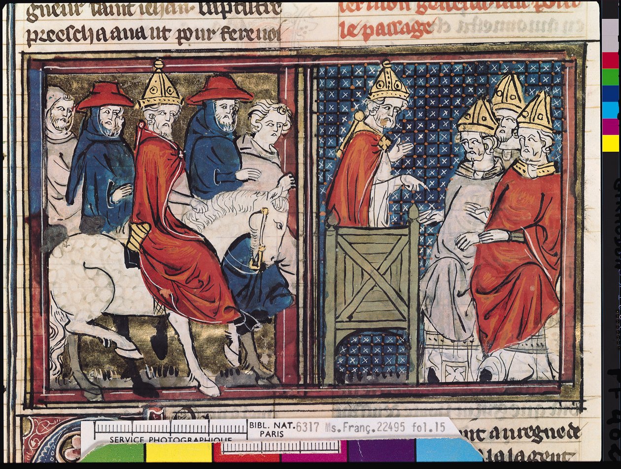 El Concilio de Clermont y la llegada del Papa Urbano II a Francia, de Le Roman de Godefroi de Bouillon, 1337 de French School
