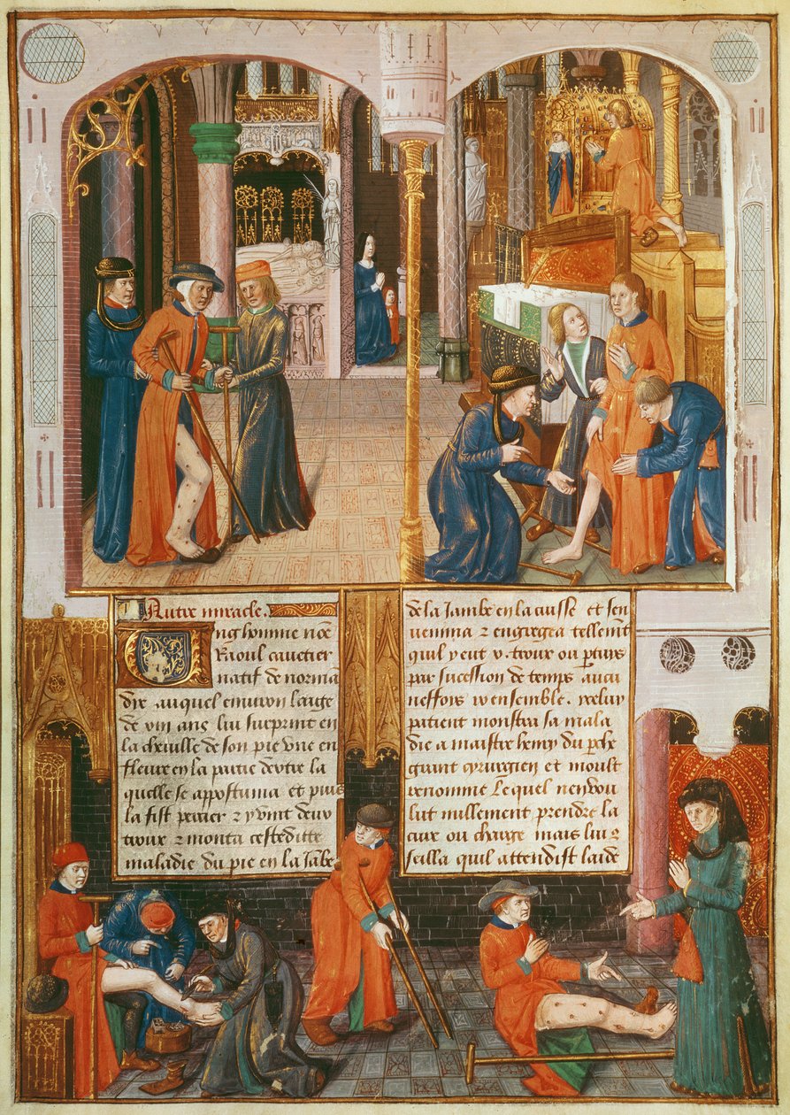 Ms Fr 2829 fol.89 Milagros en la tumba de San Luis, de Le Livre des Faiz de Monseigneur Saint Louis de French School