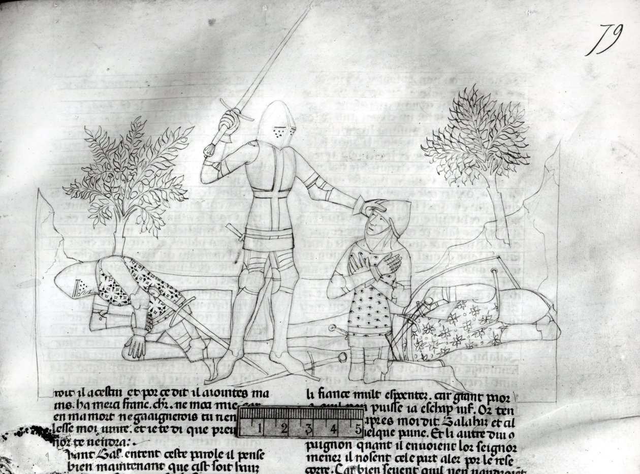 Ms Fr 343 f.79 Armando a un caballero en un campo de batalla, de Lancelot du Lac de French School
