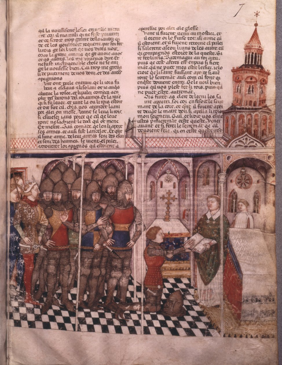 Ms Fr 343 fol. 7 La búsqueda del Santo Grial y la muerte de Arturo, caballero tomando el juramento de French School