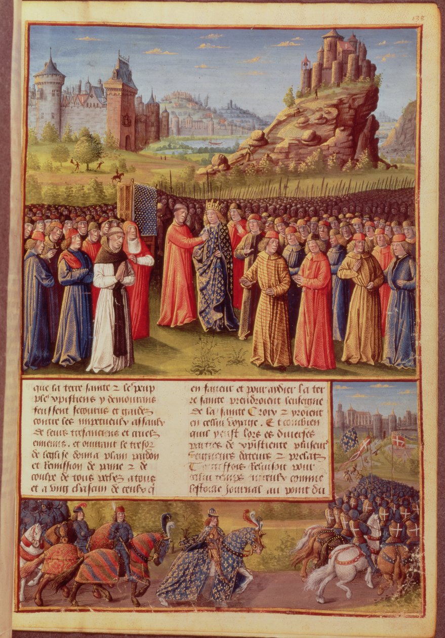 Ms Fr 5594 f.138 San Bernardo (c.1090-1153) de Claraval predicando la Segunda Cruzada en presencia del Rey Luis VII (c.1120-80) de Francia en Vézelay en 1146, de Passages faits Outremer de French School