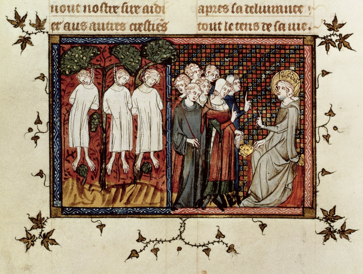 San Luis pronunciando juicio y condenando a Enguerrand de Coucy (1228-1311) por colgar a tres jóvenes nobles, de Vida y Milagros de San Luis, c.1330-40 de French School
