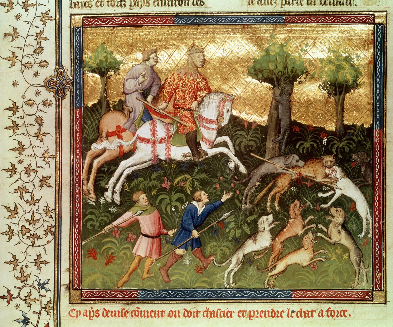 Perros atacando a un leopardo, de un libro de Gaston Phebus de Foix (1331-91) de French School