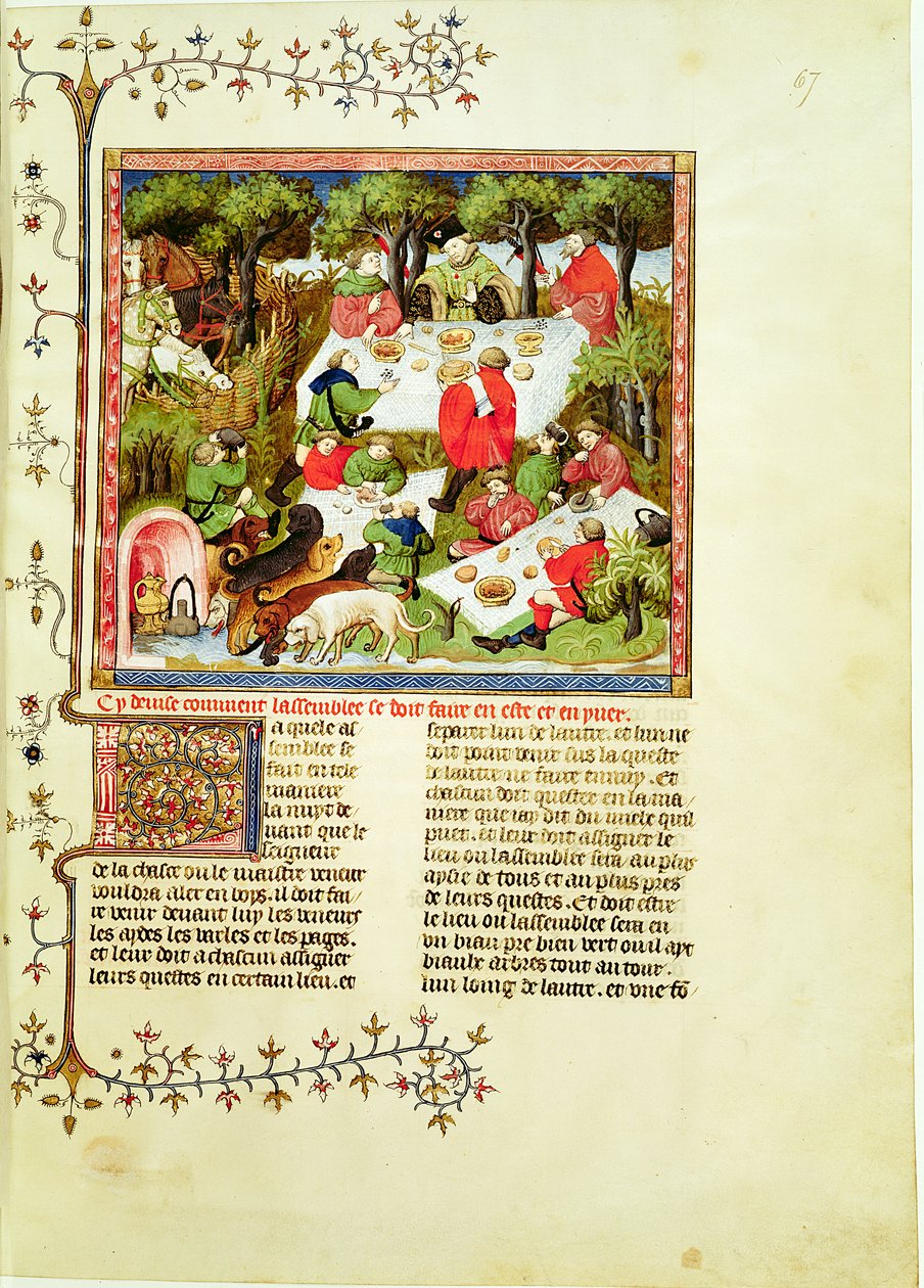 Cazadores festejando antes de la caza del ciervo, del Livre de la Chasse por Gaston Phebus de Foix (1331-1391) de French School