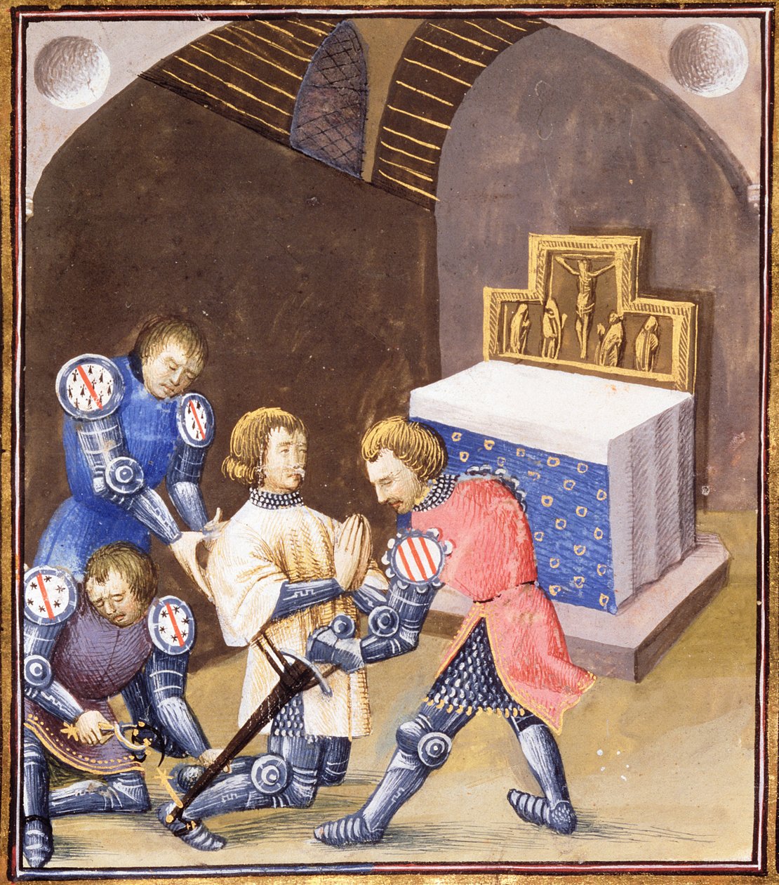 Galahad recibe una espada y espuelas en el ritual de la caballería antes de partir en la búsqueda del Grial de French School