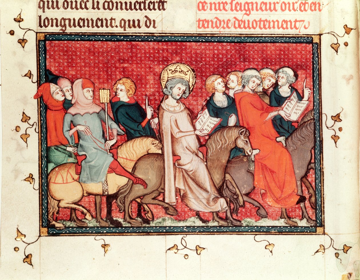 Ms Fr fol.48 El rey dictando sus horas mientras monta a caballo, de Vida y Milagros de San Luis, c.1330-40 de French School