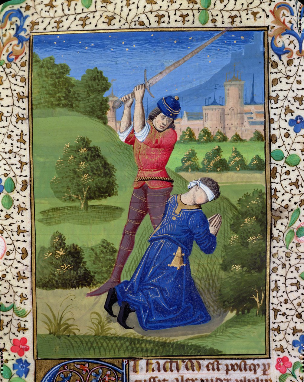 Ms H 7r La Decapitación de Alejandro I Balas, de la Biblia de Juan XXII de French School