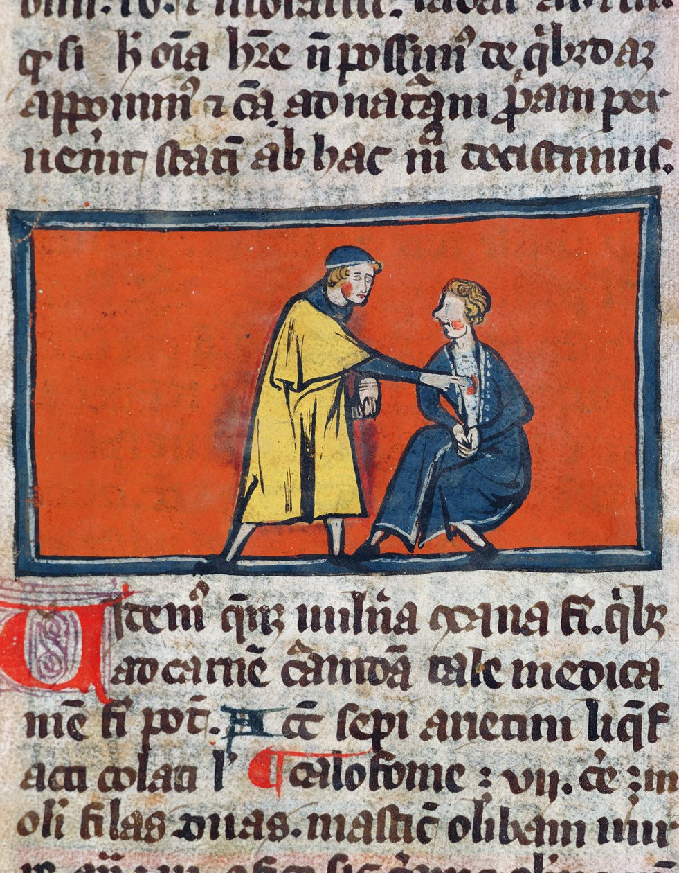 Ms H 89 Un doctor aplicando ungüento en la herida de un paciente, de una edición del Libro de Cirugía por Rogier de Salerne de French School
