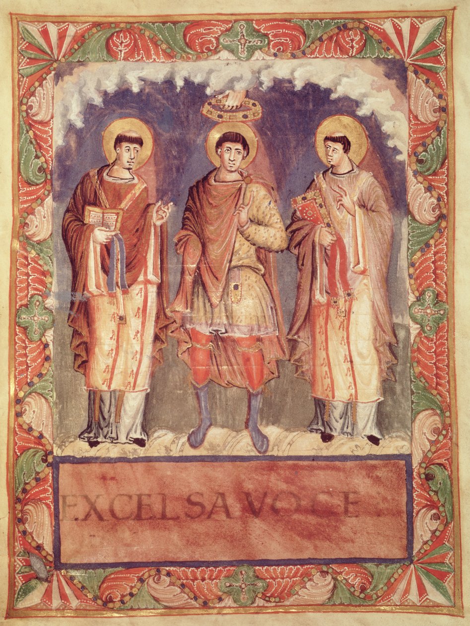 Ms Lat 1141 fol.2v La coronación de Carlos II (823-877) con los arzobispos de Reims y Tréveris, del Sacramentario de Metz de French School