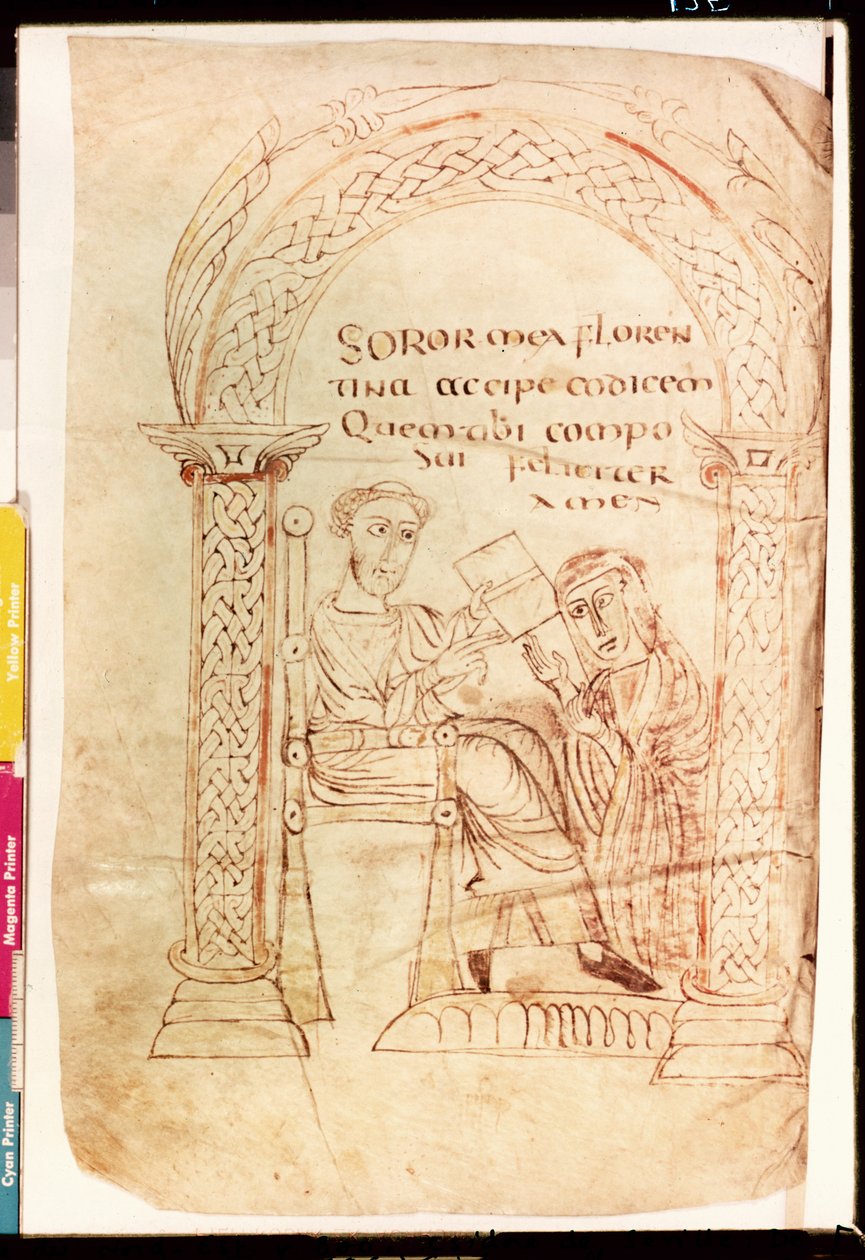 Isidoro ofrece su obra a su hermana Florentina, de De fide catholica ex Veteri et Novo Testamento contra Judaeos por Isidoro de Sevilla, c.800 de French School