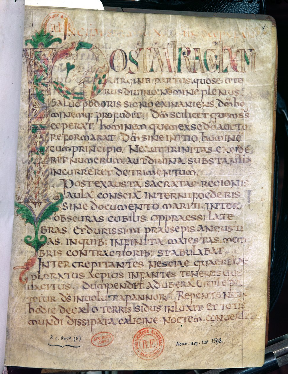 Inicial historiada zoomórfica P, de una obra de San Agustín de French School
