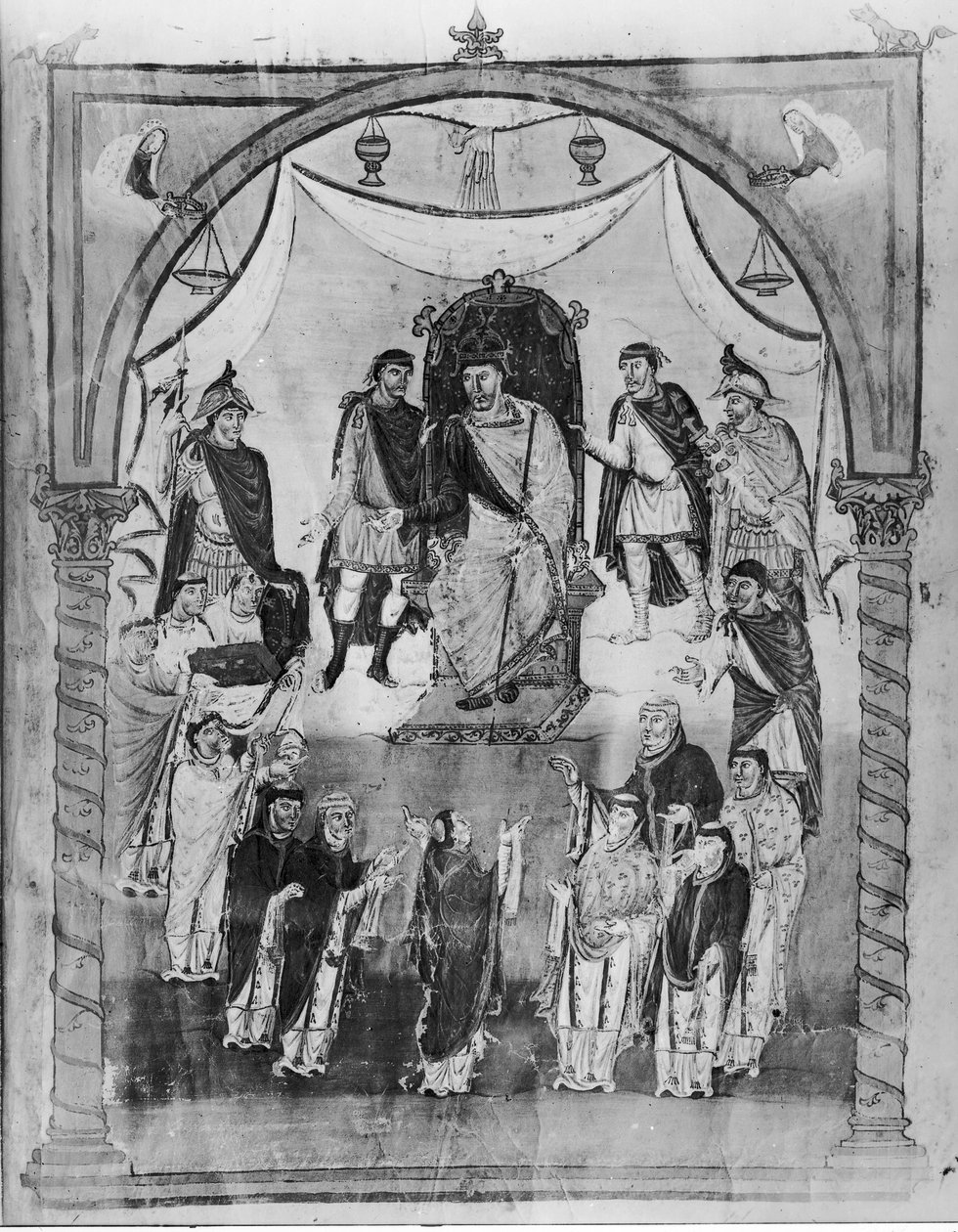 El Rey Carlos II (823-877) Recibiendo una Biblia del Conde Vivian y los Monjes de Saint-Martin de Tours, de la Primera Biblia de Carlos el Calvo, c.843-51 de French School